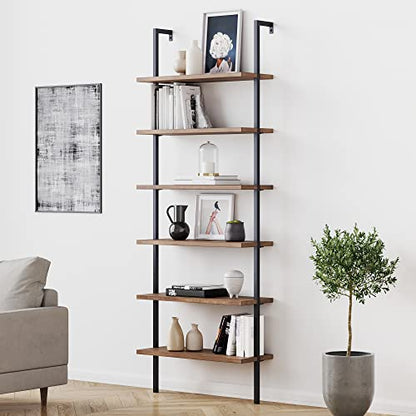 Nathan James Theo 6-Shelf Tall Bookcase, Wall Mount Bookshelf with Reclaimed Wood and Industrial Metal Frame, Oak/Black - color: Oak/Matte Black, size: 1