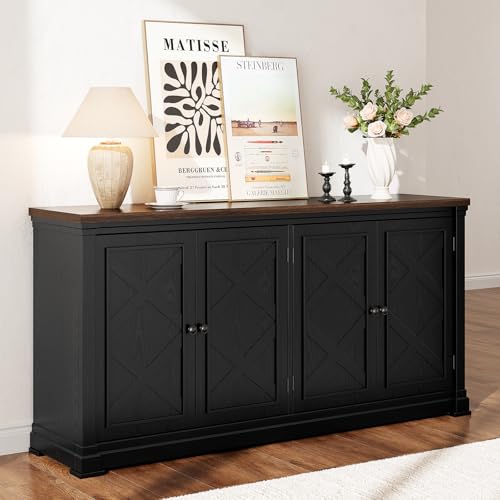 63 Inches Buffet Cabinet with Storage, Large Sideboard Cabinet with 4 Barn Doors, Adjustable Shelves, Wood Coffee Bar Station for Kitchen, Living Room, Black - color: Black