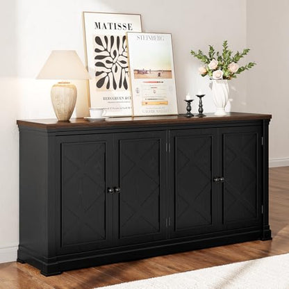 63 Inches Buffet Cabinet with Storage, Large Sideboard Cabinet with 4 Barn Doors, Adjustable Shelves, Wood Coffee Bar Station for Kitchen, Living Room, Black - color: Black