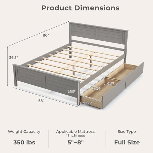 GIANTEX Wood Full Size Bed Frame with 2 Storage Drawers, Solid Wood Platform Bed with Headboard, Wooden Slats Mattress Foundation, No Spring Needed, Full Bed Frame for Kids, Teens, Adults, Grey - color: Grey, size: Full