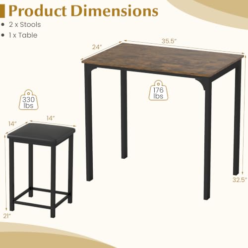 COSTWAY Dining Table Set, Counter Height Table, 2 Upholstered Stools | Rustic Brown & Black, PU Leather Seats, Metal Frame, Industrial, Space-Saving for Small Space, Dorm & Kitchen Island - color: Rustic Brown & Black