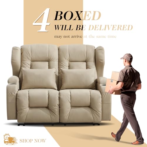 Loveseat Recliner Sofa,RV Wall Hugger Recliners for Small Spaces,Reclining Loveseat Sofa Recliner with Cup Holders/Lumbar Pillows,RV Furniture (Beige, 56" 2-Seater) - color: Beige, size: 56" 2-Seater