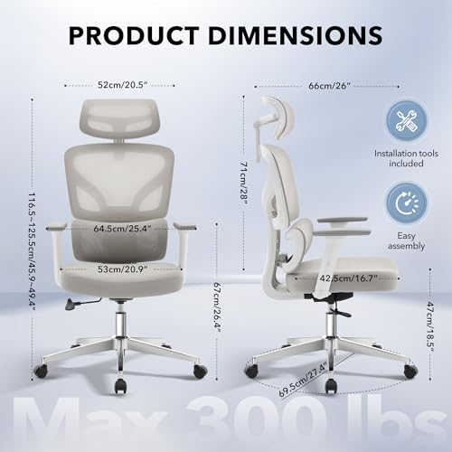 Ergonomic Office Chair Mesh – Adjustable Lumbar 3D Armrests High-Back Desk | Breathable mesh backrest; seat height & tilt-angle adjustment; smooth-rolling casters; easy to assembly, for Home, Office - color: Grey-d