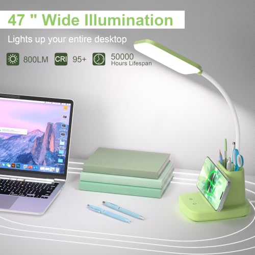 LED Desk Lamp with 10W Wireless Charging & Pen Holder, Light Green | CRI 95, 800LM, Stepless Dimming, 3 Modes, 360°Flexible Arm, Touch, Study Table Lamp for Home Office, Dorm Room, with Adapter - color: Green
