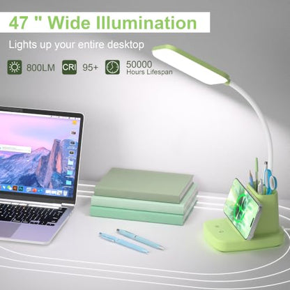 LED Desk Lamp with 10W Wireless Charging & Pen Holder, Light Green | CRI 95, 800LM, Stepless Dimming, 3 Modes, 360°Flexible Arm, Touch, Study Table Lamp for Home Office, Dorm Room, with Adapter - color: Green