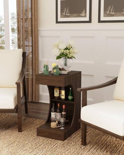 Veegle C-Shaped Side Table, Narrow End Table with Storage Shelf, C Table for Small Space, Small Coffee Tables for Living Room Bedroom (Walnut Brown)