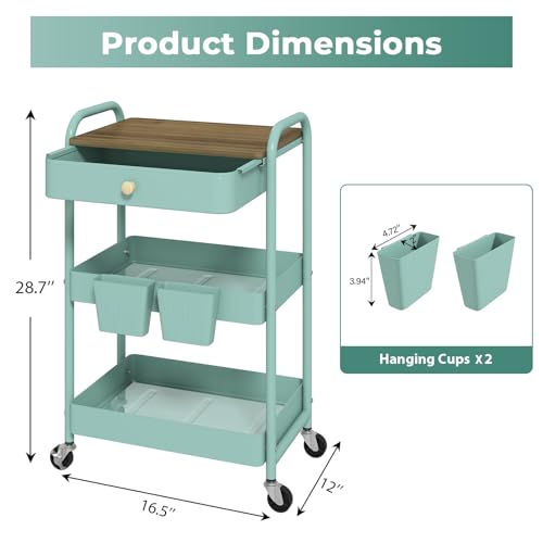 3 Tier Rolling Cart, All-in-One Art Cart Organizer on Wheels for Kitchen, Bathroom, Office, Laundry - color: Green