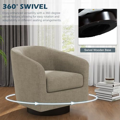 Swivel Accent Chair, Fabric Upholstered Barrel Club Chair, Light Brown | Modern Round Armchair | Comfy Reading Seat with Removable Cushion | For Living Room, Bedroom, Office - color: Flax Light Brown