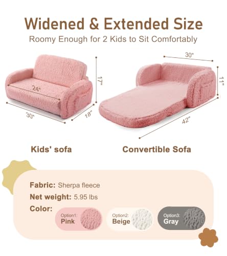 little dove 2-in-1 Sherpa Fold Out Kids Couch, Extra Wide Comfy Kid Chair, Convertible Kids Sofa, Foldable Kid Couch with High Density Foam for Boys & Girls, Pink - color: Pink