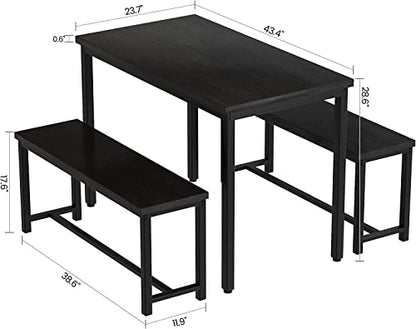 Dining Room Table Set with 2 Benches, Farmhouse Dining Table Set for 4-6, Wood Breakfast Table Set Dinner Table Set Kitchen Table and Chairs for Breakfast Nook Small Spaces, Black - color: Black