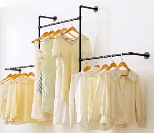 Industrial Pipe Clothing Rack, Wall Garment Rack, Hanging Clothes Rod | Pipe Clothes Rails, Multi-Purpose, Heavy Duty, Space-Saving, Clothes Bar, Organizer, Closet - style: wall clothing rack-3 hanging rods