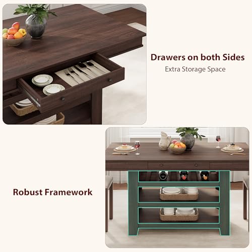 Farmhouse Dining Counter Height Table with Wine Rack & 3 Shelves, 36" Wooden Tall Dining Table with 2 Drawers, Thick Frame Counter Height Kitchen Table for Bar & Entertaining, Retro Brown - color: Retro Brown