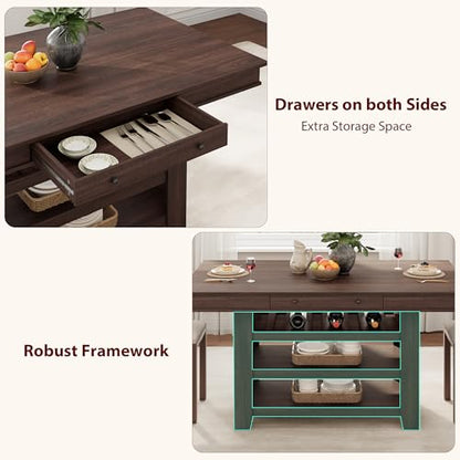 Farmhouse Dining Counter Height Table with Wine Rack & 3 Shelves, 36" Wooden Tall Dining Table with 2 Drawers, Thick Frame Counter Height Kitchen Table for Bar & Entertaining, Retro Brown - color: Retro Brown
