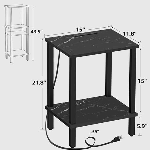 TUTOTAK End Table with Charging Station, Side Table Set of 2, Nightstand | 2-Tier Storage Shelf, Bedside Table with USB Ports, Sofa Table for Small Space, Livingroom, Bedroom Marble Black TB01BMK041 - color: Marble Black