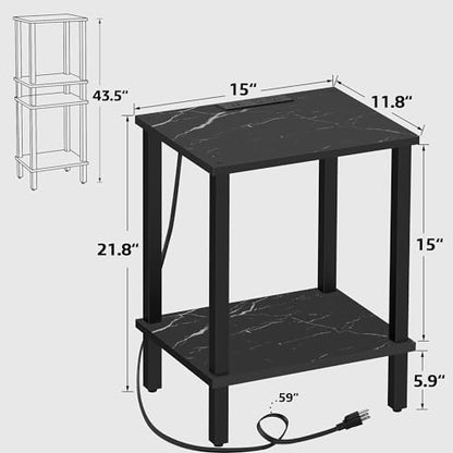 TUTOTAK End Table with Charging Station, Side Table Set of 2, Nightstand | 2-Tier Storage Shelf, Bedside Table with USB Ports, Sofa Table for Small Space, Livingroom, Bedroom Marble Black TB01BMK041 - color: Marble Black