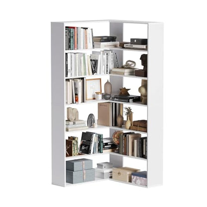 Corner Bookshelf, Freestanding L Shaped Display Shelf, 6 Tiers Bookcase with Baffles, Wooden Bookcase with Storage Organizer for Home Office, Living Room, Bedroom (35.2") - size: 35"