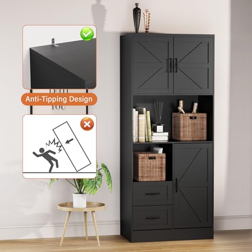 Farmhouse Kitchen Pantry Cabinet with LED Lights and Power Strip, Tall Kitchen Storage Cabinet, Kitchen Hutch with Microwave Stand & Barn Doors and Drawers for Dining Room - color: Black, style: Modern