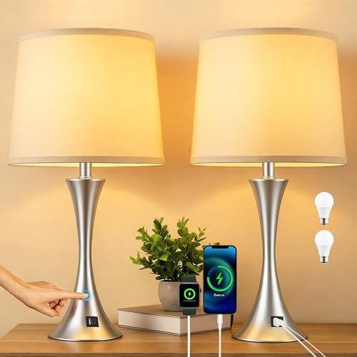 Touch Table Lamp, 3-Way Dimmable LED Bulbs, USB Charger, Nickel | 21.5" Touch Control Lamp for Nightstand, Living Room, Bedroom, Metal Body, Linen Shade, Type A+C Charging Port, Set of 2 - color: Nickel