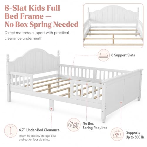 Full Size Kids Bed Frame with Removable Guardrails, Low Profile, White | 3 guardrail setups: all installed, front removed or all removed; 8 slats; 6-inch mattress sold separately; no box spring - color: White, size: Full