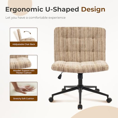 Furnimart 360° Swivel Criss Cross Desk Chair Extra-Thick Cushion, Premium Chenille Cross Legged Chair with Wide Seat & Wheels, Comfy Armless Home Office Chair for Bedroom, Vanity, Sturdy (Light Brown) - color: Chenille Light Brown