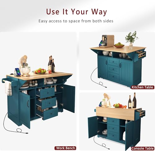55.7'' Large Kitchen Island with 2 Drop Leaf, Rolling Kitchen Cart on 5 Wheels with Power Outlet, Folding Storage Dining Table with Spice & Towel Rack, 3 Drawers, for Kitchen, Dining Room,Green - style: Green
