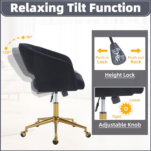 Desk Chair with Wheels, Gold Base, Velvet Accent Vanity Armchair, Black | Spacious‌ Soft Seat, Swivel Height Adjustable, Rocking Function, Modern Stripe for Girls &Women Bedroom Makeup or Nail - color: Black Velvet