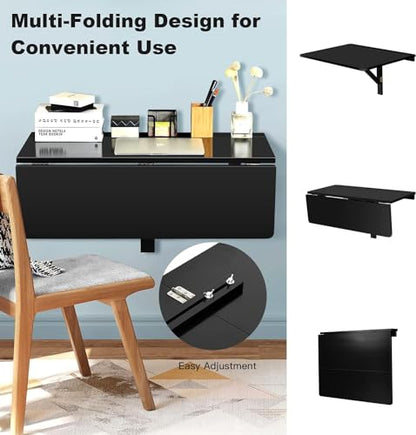 Wall Mounted Folding Table, 31.5’’ x 23.5’’ Wood Floating Desk for Laptop, Study & Dining in Balcony, Bedroom, Bathroom, Kitchen, Drop-Leaf Wall Desk Fold Down for Small Spaces (Black)