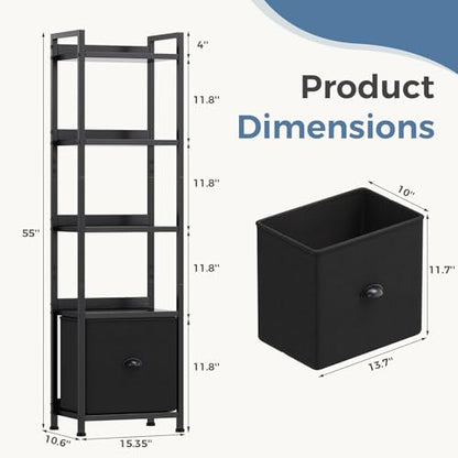 DUMOS 5 Tier Bookshelf with Fabric Drawer, Tall Industrial Bookcase, Narrow Display Standing Shelf, Wood and Metal Storage Shelf Organizer in Bedroom, Living Room, Modern Black