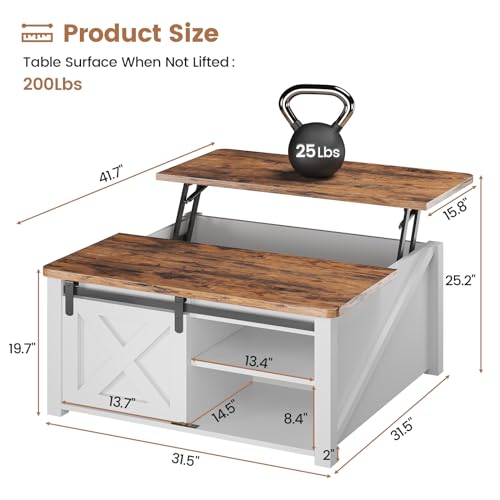 SEDETA 31.5" Lift Top Coffee Table with Storage, Square Coffee Tables for Living Room, Farmhouse Coffee Table with Large Hidden Storage Compartment and Adjustable Shelves, White - color: White