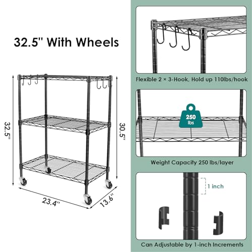 3-Tier Storage Shelves, Heavy Duty Metal Shelves Wire Rack Shelving Unit, Adjustable Shelf with Wheels for Home Office Garage Kitchen Bathroom,23.4" Wx13.6 Dx32.5 H - size: 3Tier 23.4"W x 13.6"D x 32.5"H
