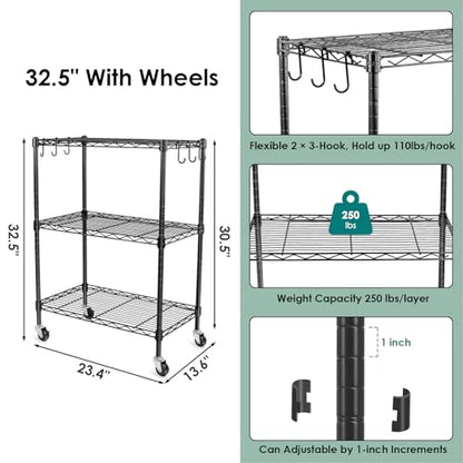 3-Tier Storage Shelves, Heavy Duty Metal Shelves Wire Rack Shelving Unit, Adjustable Shelf with Wheels for Home Office Garage Kitchen Bathroom,23.4" Wx13.6 Dx32.5 H - size: 3Tier 23.4"W x 13.6"D x 32.5"H