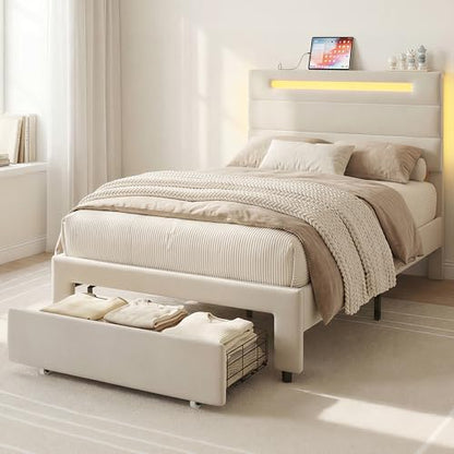 LIKIMIO Twin XL Bed Frames with Storage Drawer, Lights & Charging Station | Upholstered Modern Platform Bed, XL Twin Bed Frame with Headboard, No Box Spring Needed, Easy Assembly, Noise-Free, White - size: Twin XL