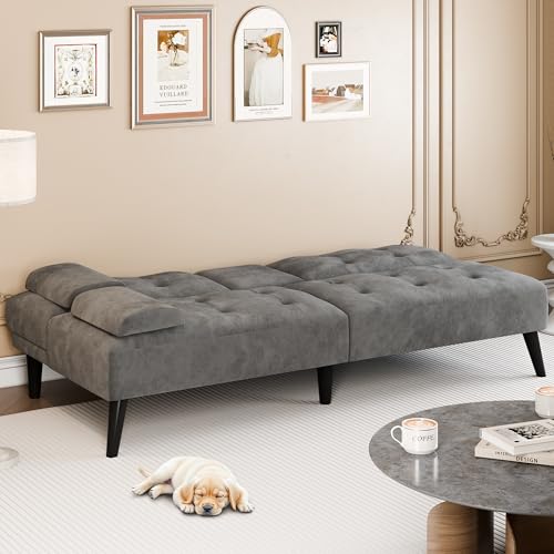 64" Futon Sofa Bed, Convertible Loveseat with 2 Cup Holders, Small Couch with 3 Adjustable Angles， Removable Armrests, Sleeper Sofa for Small Space, Dark Grey - color: Dark Grey
