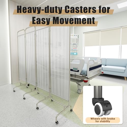 tonchean 4 Panel Medical Privacy Screen Folding Room Divider on Wheels | Medical Ward Divider White Portable Wall Partition and Dividers freestanding for Hospital Clinic Nursing Home Salon 79"Wx71"H