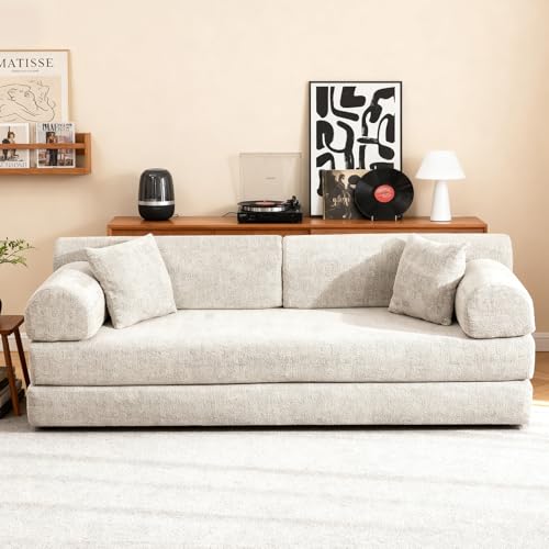 KEIKI 4-in-1 Folding Convertible Sofa Bed, 78" Oversized Loveseat Sleeper with Pull Out Bed, Corduroy Upholstered Boneless Apartment Size Couch for Living Room, Chaise Lounge Indoor, Light Camel - color: Light Camel