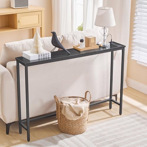 HOOBRO Narrow Console Table with Power Outlets, 44.9 Inches Sofa Table, Slim Behind Couch Table, Entryway Table with Display Shelf, for Living Room, Foyer, Hallway, Black BB114UXG01 - color: Black
