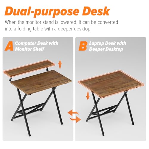 WOHOMO Folding Computer Desk with Monitor Stand, Adjustable Height, Walnut | Foldable Table Small Office Desk for Bedroom, Space Saving Desk for Home Office, Easy Assembly - color: Walnut