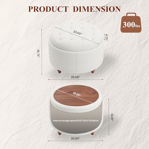 25" Round Ottoman with Storage, Small Coffee Table with Reversible Tray Lid | Tufted Fabric Round Storage Ottoman with Solid Wood Legs, 3-in-1 Footrest for Living Room, Bedroom, Entryway, Beige - color: Beige