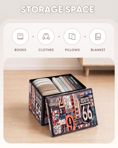 B FSOBEIIALEO Route 66 Storage Ottoman Bench, Faux Leather Foot Rest Seat for Living Room, Storage Organizer 16.54"x12.6"x12.6" - size: 16.54*12.6*12.6 inches