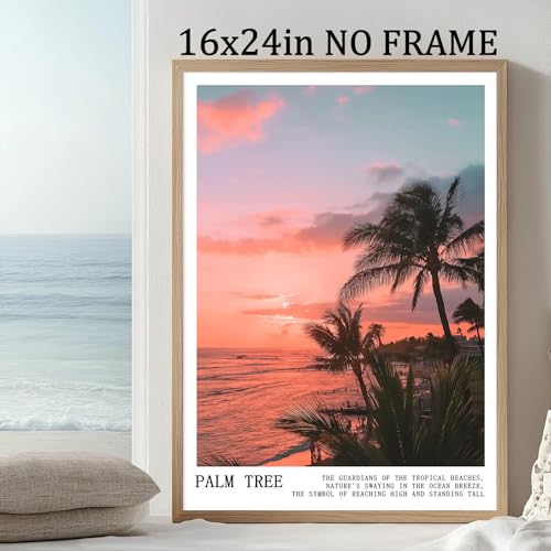 Pink Palm Tree Wall Art Trendy Summer Prints Landscape Coastal Painting Pink Sky Poster Sunrise Sunset Picture Beach Scenery Poster Coconut Tree Painting Tropical Plant Artwork Room 16x24in Frameless - color: C6Unframed