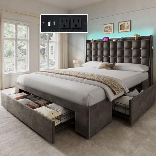 YITAHOME Queen Size Bed Frame with 3 Storage Drawers and RGB LED Lights | Velvet Upholstered Platform Bed with Charging Station and Storage Headboard, No Box Spring Needed, Noise-Free, Grey - color: Cool Grey, size: Queen