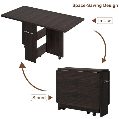 Folding Dining Table with 2-Layer Storage Rack, Drop Leaf Tables, Black | Small Spaces, Foldable Dining Table with 3 Wheels, Kitchen Table, Dining Room - color: Dark Walnut, size: 47.2"D x 23.6"W x 29.5"H