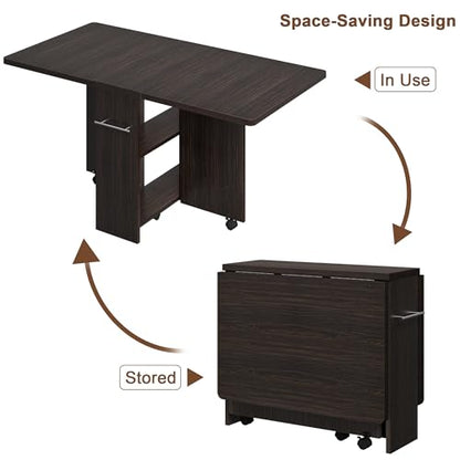 Folding Dining Table with 2-Layer Storage Rack, Drop Leaf Tables, Black | Small Spaces, Foldable Dining Table with 3 Wheels, Kitchen Table, Dining Room - color: Dark Walnut, size: 47.2"D x 23.6"W x 29.5"H