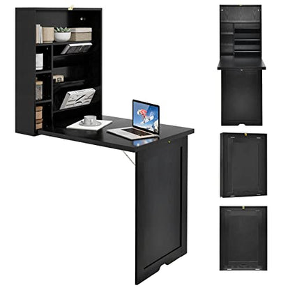 GOFLAME Wall Mounted Folding Desk with 3-Tier Tilt Storage Partition and Adjustable Shelves, Space-Saving Convertible Writing Desk for Home Office, Black - color: Black