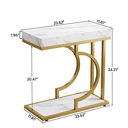 Tribesigns Narrow Side Table Set of 2, C Shaped End Table for Couch, White Gold Modern Bedside Tables with Metal Frame, Small Sofa Tables for Small Spaces, Living Rooms (2, White+Gold) - color: White+gold
