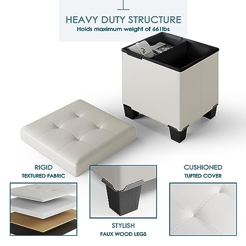 Storage Ottoman Cube with Storage Bin, 15-In Square Ottoman with Storage for Living Room and Bedroom, Small Ottoman Foot Rest, Foot Stools Ottoman, White Storage Chest Max 660lbs, Faux Leather Ottoman