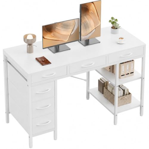 Simple Deluxe Computer Desk with 6 Drawers, 47 Inch Office Workstation with Storage Shelves, Reversible Corner Gaming Table, Home Office Study Desk with Fabric Organizer, White - color: White, size: 47 * 18 inch