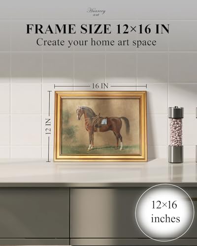 HUARCEY Gold Framed Vintage Brown Horse Portrait Wall Art 12x16 inch | Antique Wildhorse Painting Western Equine Poster Print Country Wildflower Landscape Artwork Decor for Bedroom Living Room - color: Horse Strolling in the Spring, size: 16"L x 12"W