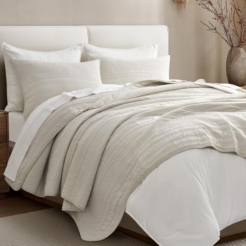 EVERGRACEHOME 100% Cotton Modern Lines Quilt Set Queen Size, Birch | Pre-Washed Soft Cotton, Striped Coverlet Bedspread, 3 Piece Lightweight Bedding Set for All Season, with 2 Pillow Shams - color: Birch, size: Full/Queen (92" X 92")