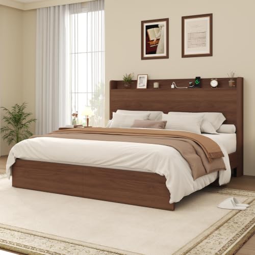 Full Size Bed Frame with Storage Headboard & 2 Drawers, Mid-Century Modern Platform Bed with Charging Station & Shelf, Wooden Slat Support, No Box Spring Needed(Full) - size: Full